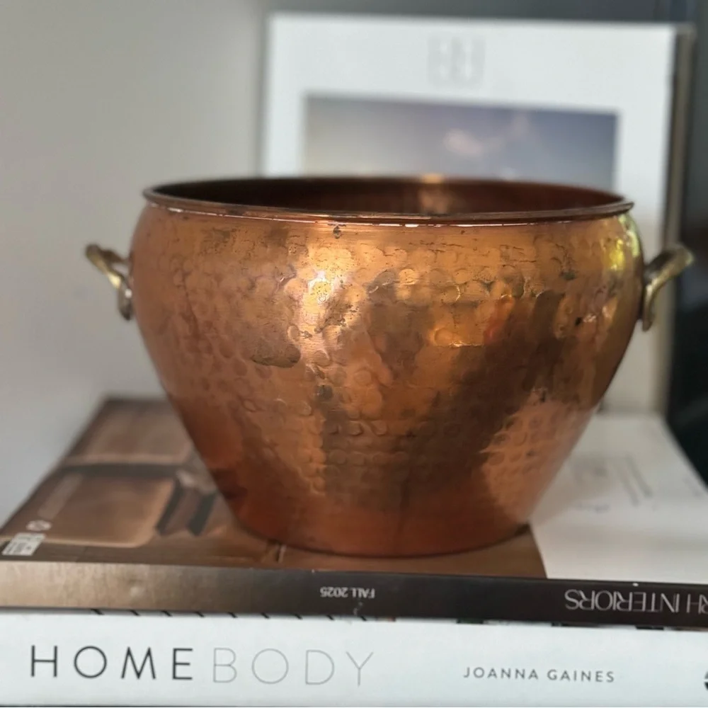 Vintage Hosley Copper Container Planter W/ Brass Handles / vase
